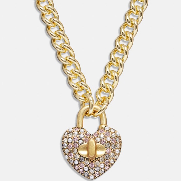 NWT Coach Heart Turnlock Pavé Chain Link Necklace Gold / Pink Multicolor - Picture 1 of 2
